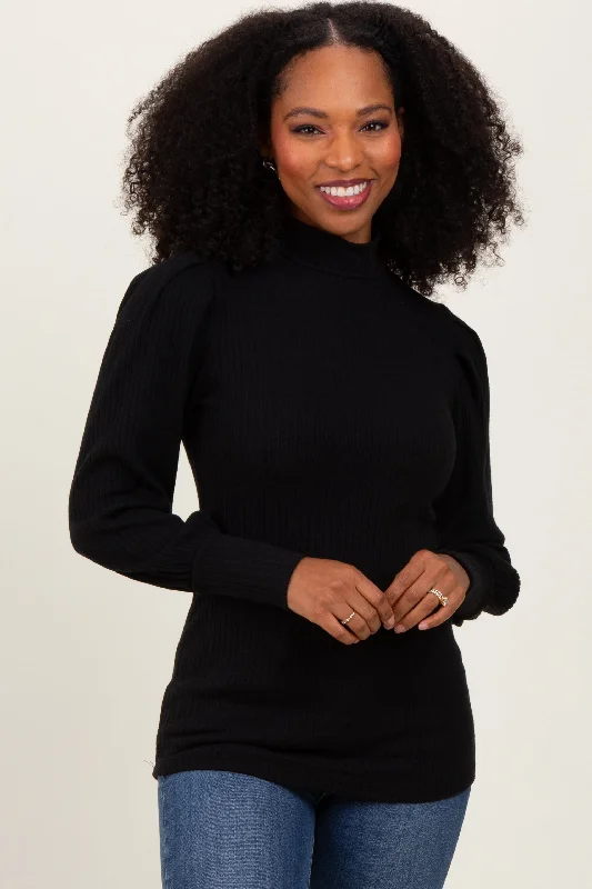 Black Ribbed Mock Neck Bubble Sleeve Top Explore What's New