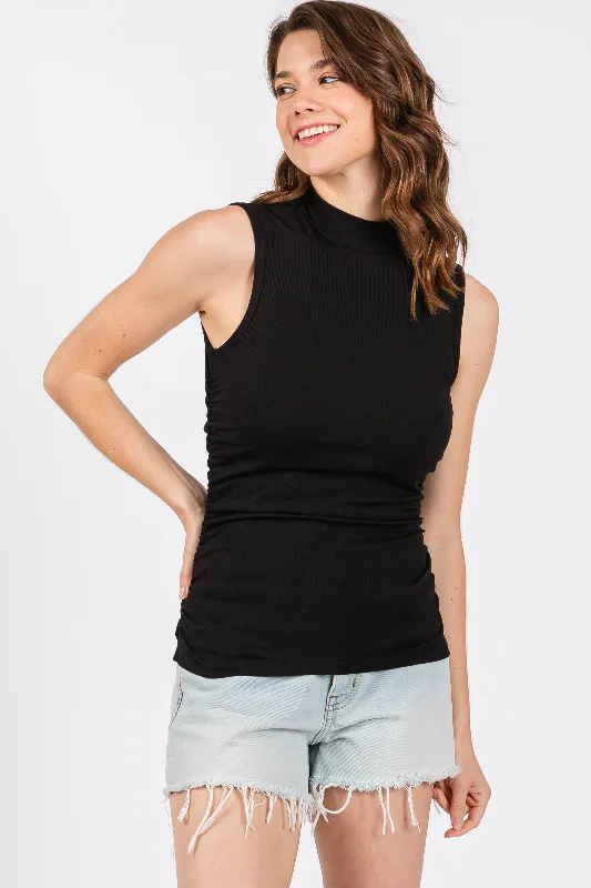 Black Ribbed Mock Neck Ruched Side Sleeveless Top Floral Style