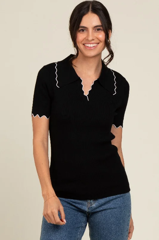 Black Ribbed Scallop Trim Split V-Neck Short Sleeve Top Summer Deals