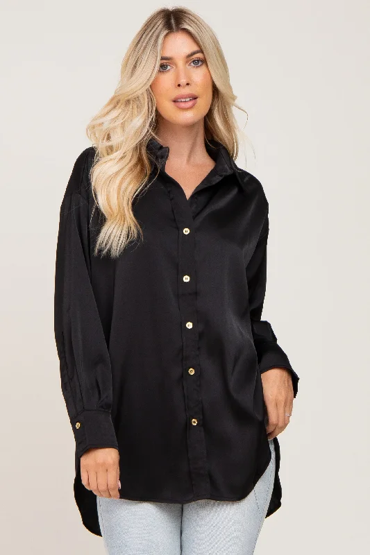 Black Satin Button Up Blouse Spring Fashion