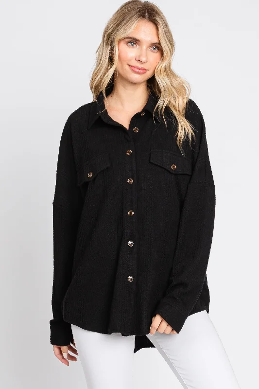 Black Textured Button Front Collared Top Graceful Cut