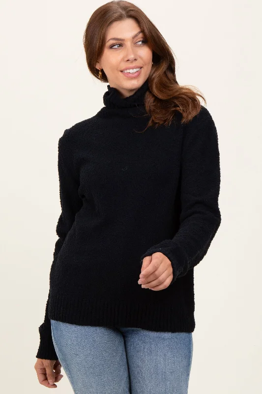 Black Turtleneck Chenille Knit Sweater Summer Essentials