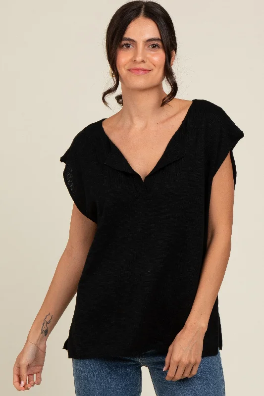 Black Two Tone Split V-Neck Dolman Short Sleeve Top Attire Sale