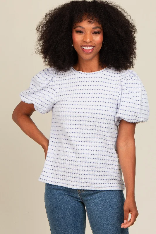 Blue Checker Print Puff Sleeve Top Season Sale