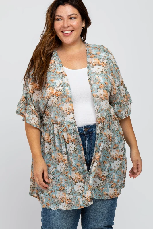 Blue Floral Ruffle Hem Plus Cover Up Crazy Price Slashing