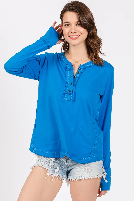 Blue Long Sleeve Exposed Seam Top Limited Stock