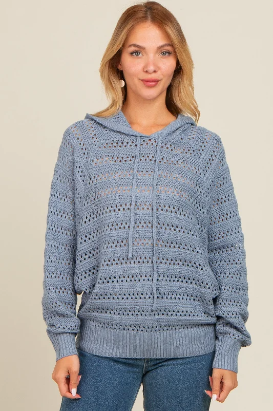 Blue Pointelle Knit Sweater Alluring Design