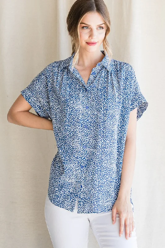 Blue Print Collared Button Up Top Sleek Design