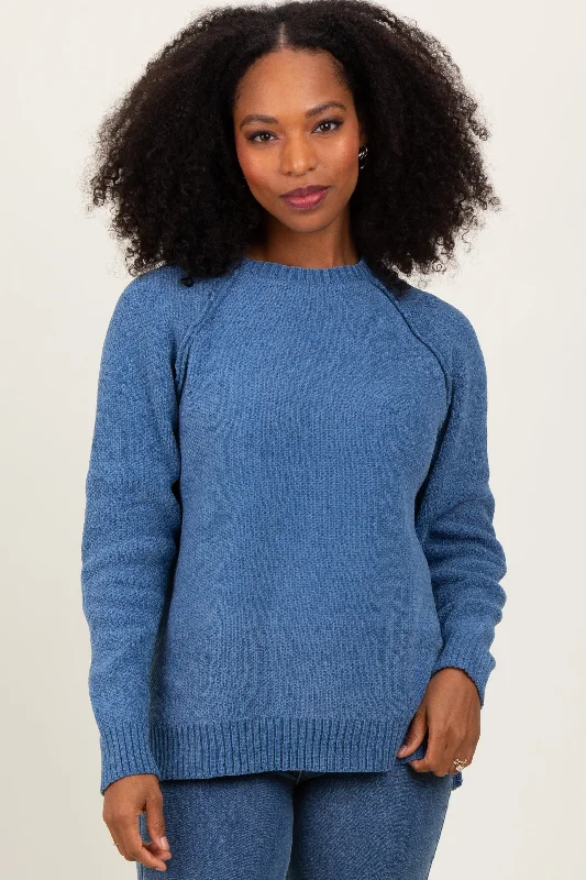 Blue Raglan Knit Sweater Trendy Clothing Sale