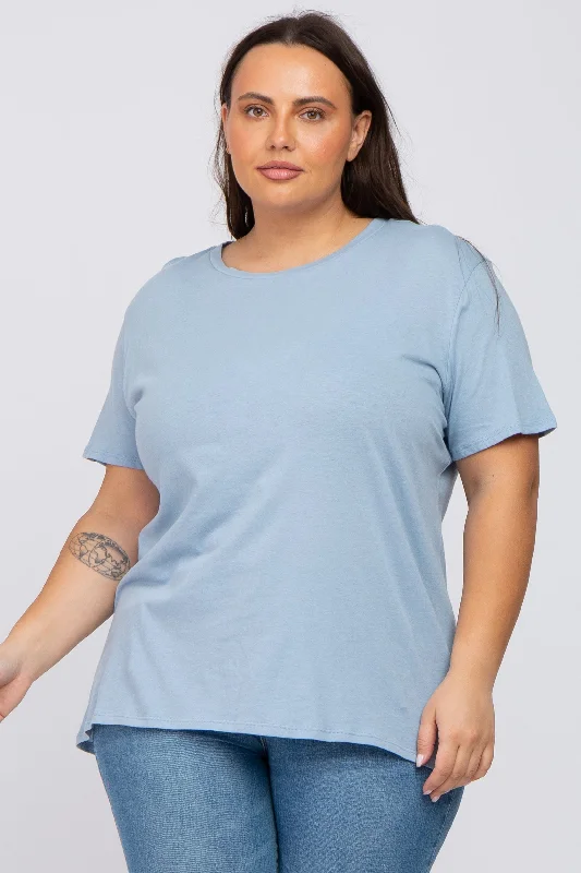 Blue Solid Short Sleeve Plus Top Shop Sale Items