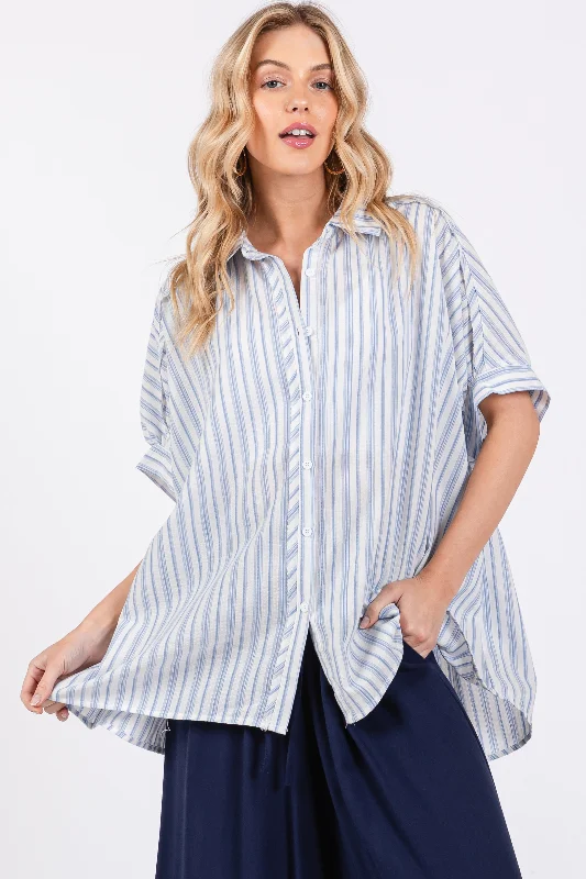 Blue Striped Button Up Collared Short Sleeve Top Buy More, Save More