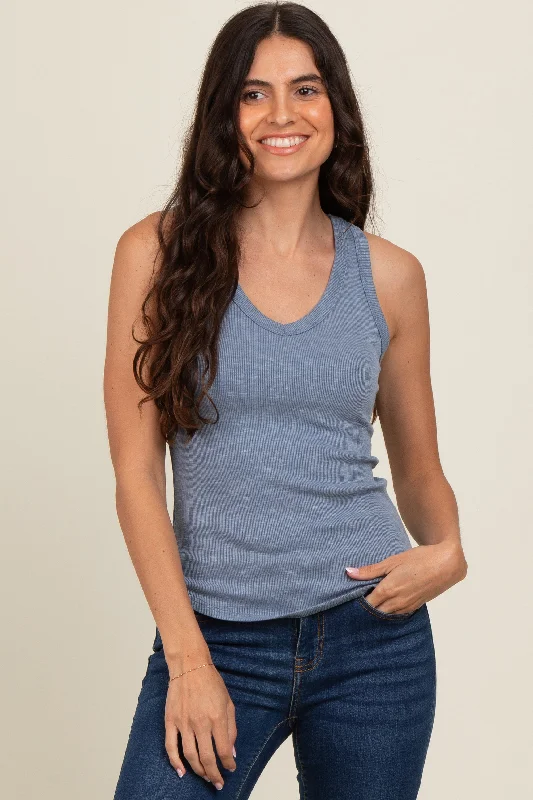 Blue V-Neck Ribbed Tank Top Vibrant Femme Fashion