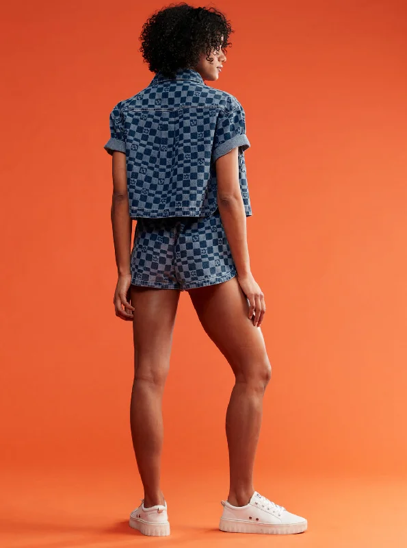 Blue Wave Club Printed Short Sleeve Crop Denim Shirt - Mood Indigo Sol Power Trend Leading Collection