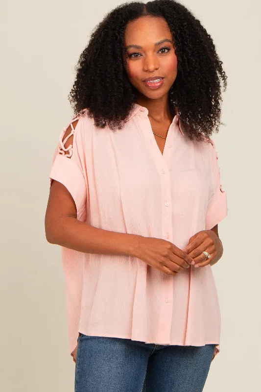 Blush Button Down Lace-Up Shoulder Top Modern Romance