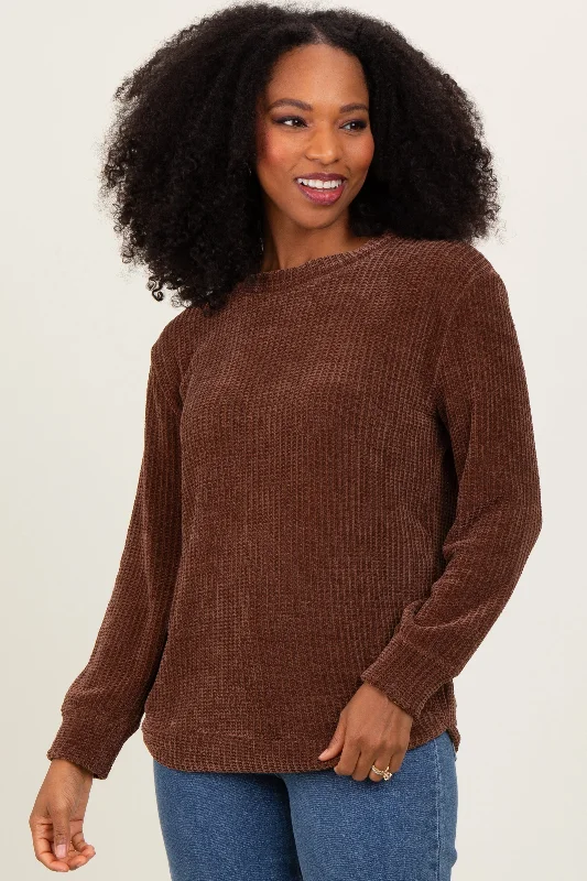 Brown Chenille Knit Sweater Contemporary Chic