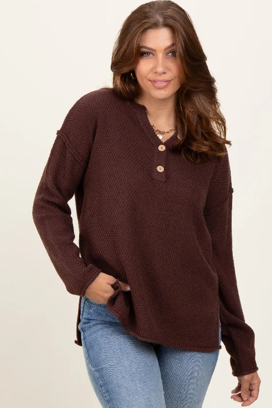 Brown Diamond Knit Button Detail Sweater Effortless Everyday Wear