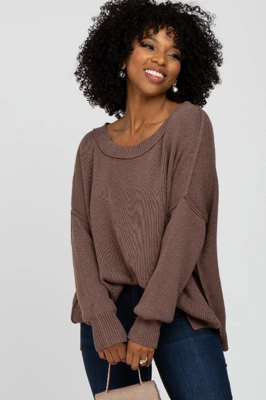 Brown Exposed Seam Side Slit Sweater Wardrobe Essentials