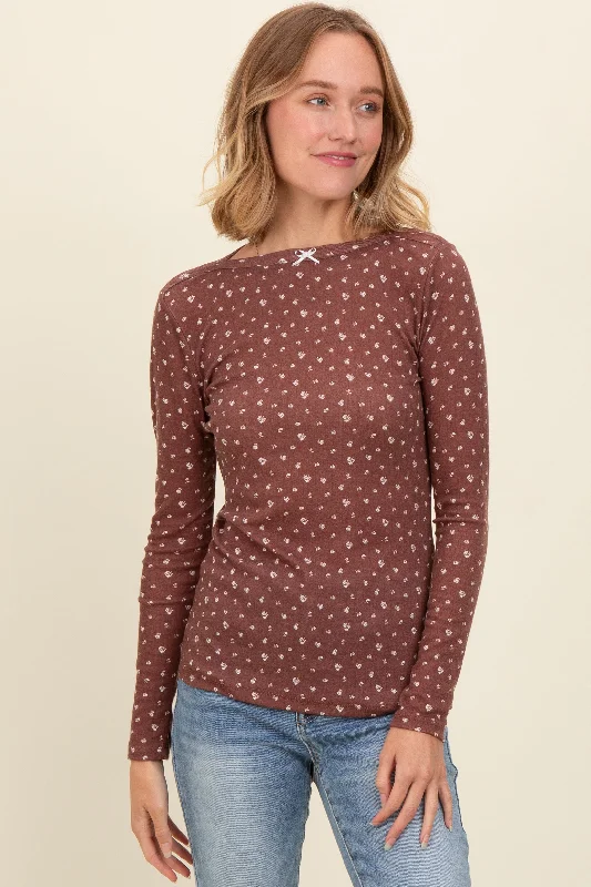 Brown Floral Bow Detail Long Sleeve Fitted Top Great Prices On Feminine Styles