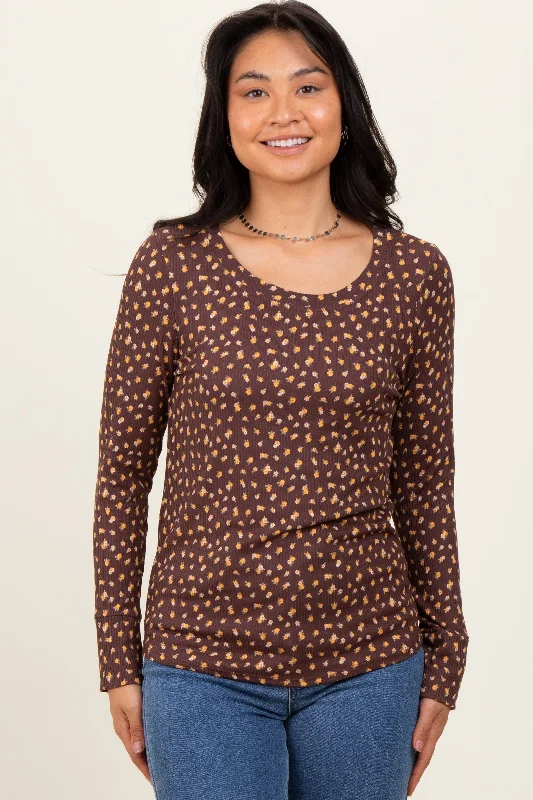 Brown Floral Ribbed Long Sleeve Top Ends Soon