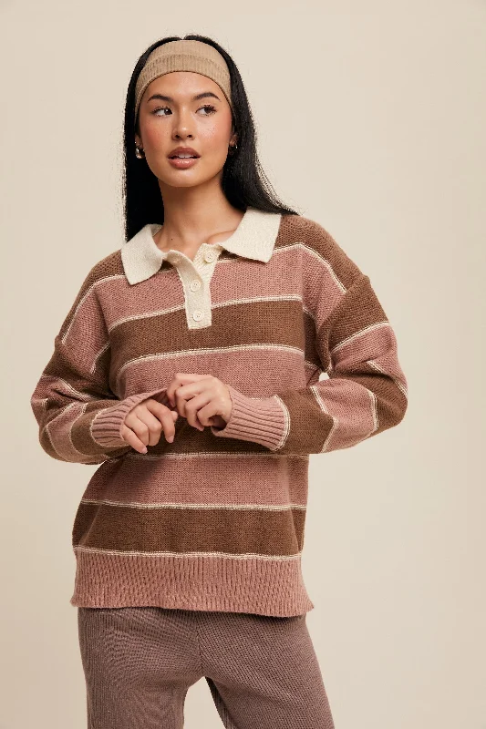 Brown Striped Polo Knit Sweater Disco - Inspired Retro Dance Look