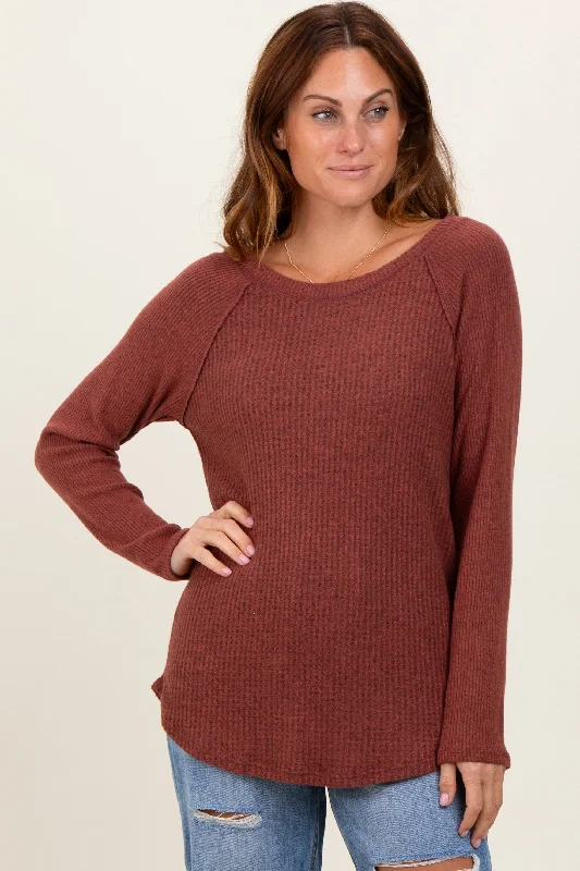 Brown Waffle Knit Raglan Long Sleeve Top Huge Price Cut