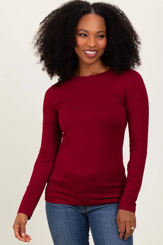 Burgundy Basic Long Sleeve Top Style Versatile Women's Collection