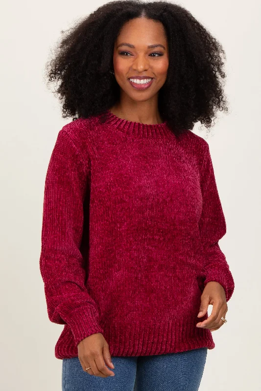 Burgundy Chenille Knit Balloon Sleeve Sweater Style Streetwear