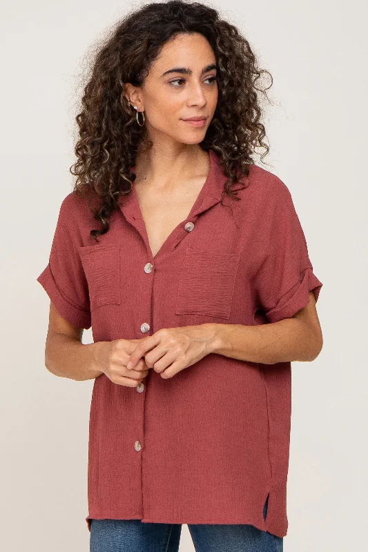 Burgundy Collared Button-Down Short Sleeve Blouse Limited Time Offer