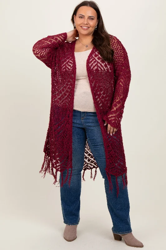 Burgundy Crochet Fringe Hem Plus Cardigan Casual Yet Stylish Separates