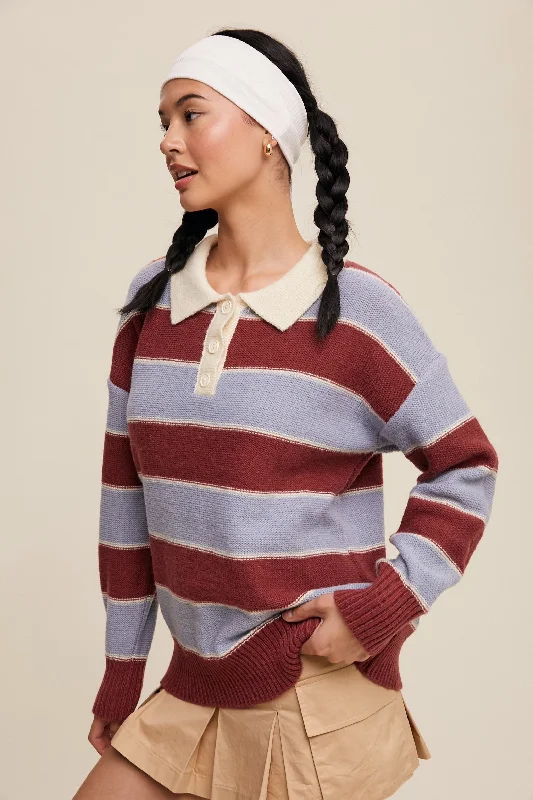 Burgundy Striped Polo Knit Sweater Nordic Minimalist Home Look