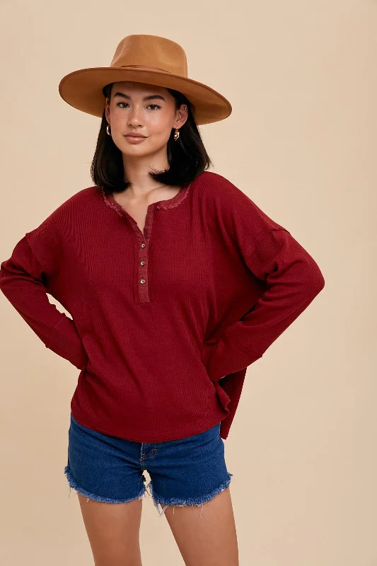 Burgundy Waffle Knit Henley Top Trendy Fashion for Women