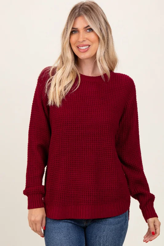 Burgundy Waffle Knit Rounded Hem Sweater Hurry Before It's Gone