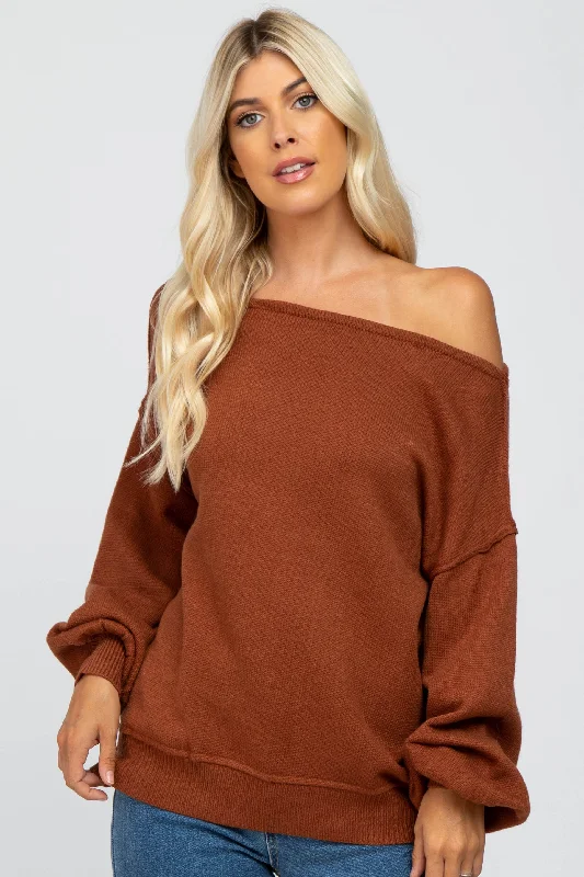 Camel Boat Neck Bubble Sleeve Sweater New Styles Just In