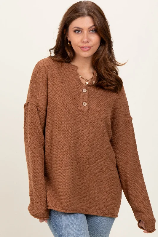 Camel Diamond Knit Button Detail Sweater Massive Selection Sale