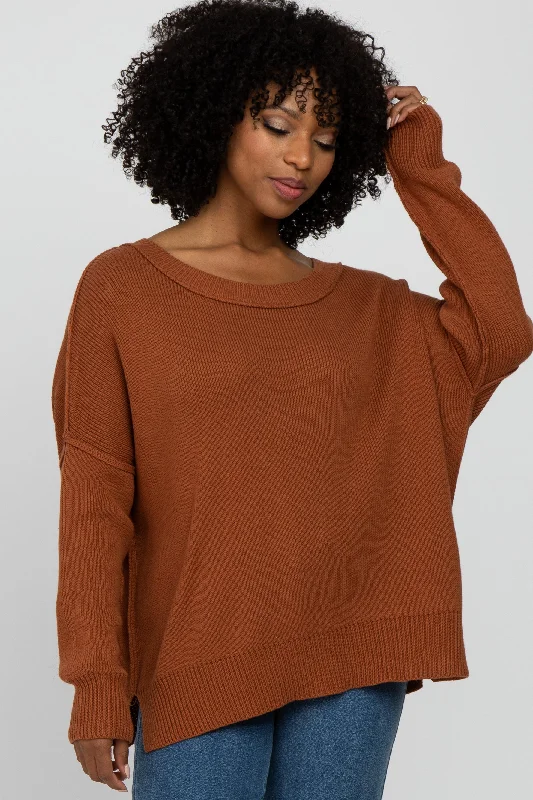 Camel Exposed Seam Side Slit Sweater Pastel Styles