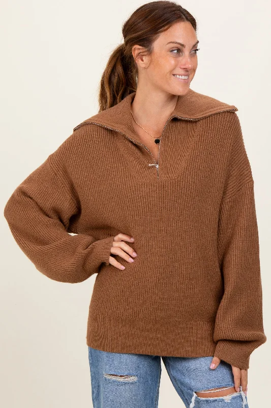 Camel Half Zip Chunky Knit Pullover Sweater Chic Style, Always In Vogue