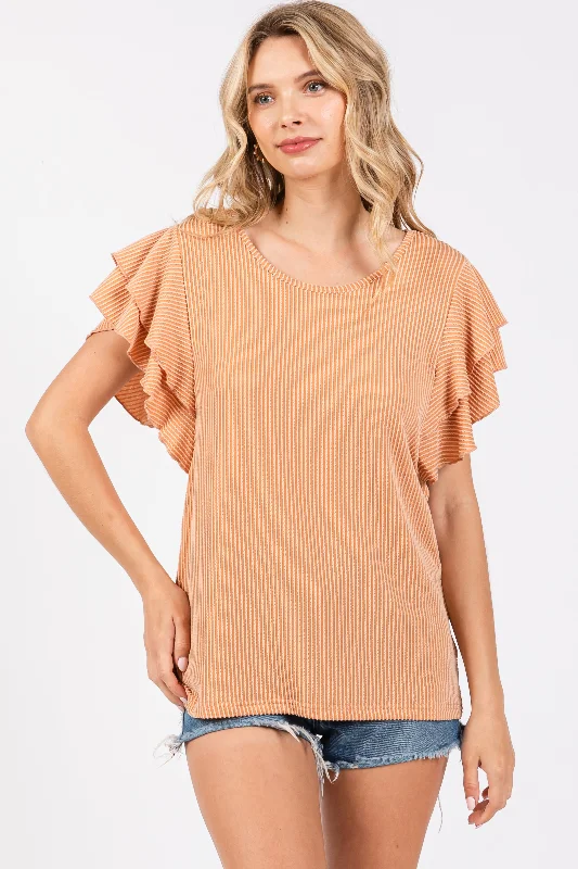 Camel Ruffle Sleeve Ribbed Top Chic Style