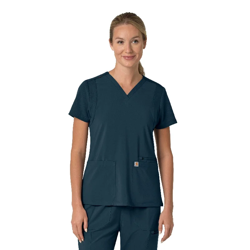 Carhartt Force Cross-Flex Women's Flex Panel V-Neck Scrub Top - Navy Vintage Style Clothing Sale