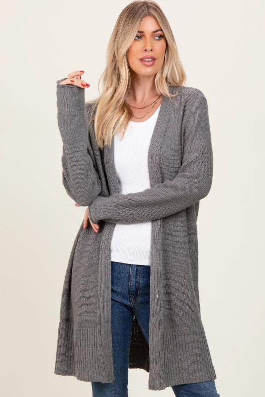 Charcoal Contrast Rib Long Open Cardigan Fashion-Forward