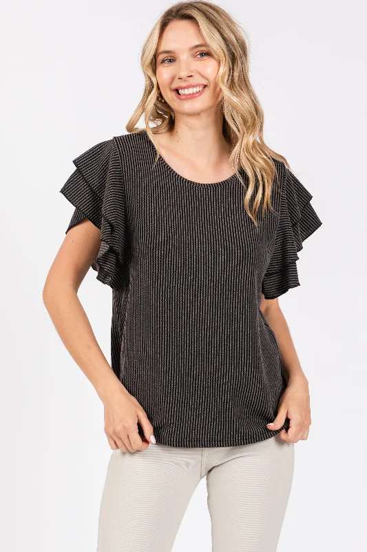 Charcoal Ruffle Sleeve Ribbed Top Unbeatable Prices