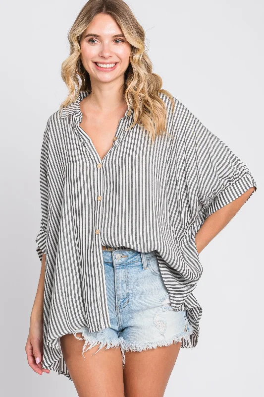 Charcoal Striped Button Up Dolman Top Forward Trendsetter