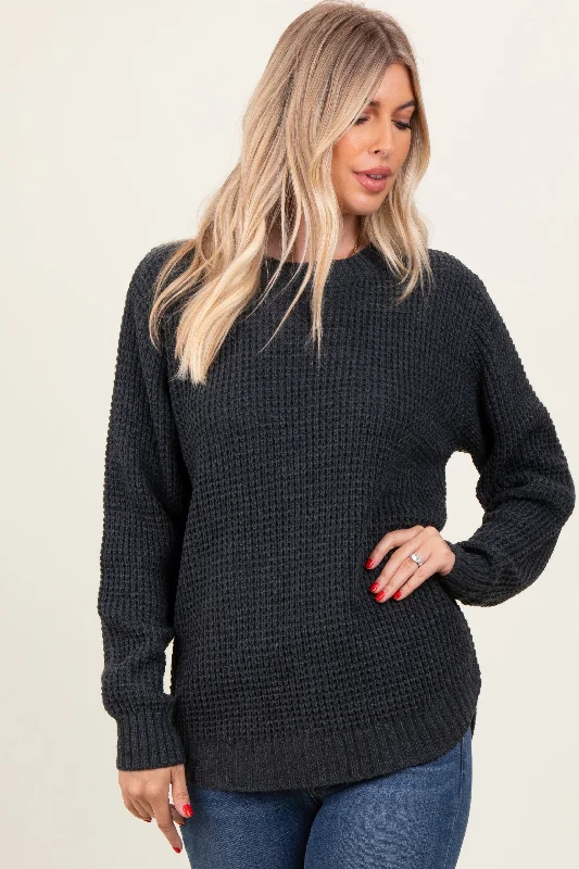 Charcoal Waffle Knit Rounded Hem Sweater New Season Fashion Preview Sale