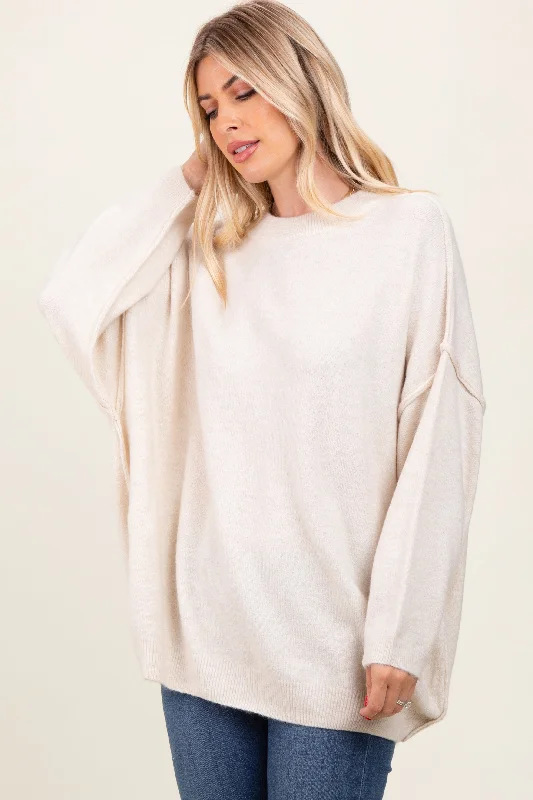 Cream Oversized Crewneck Melange Knit Sweater Huge Markdowns