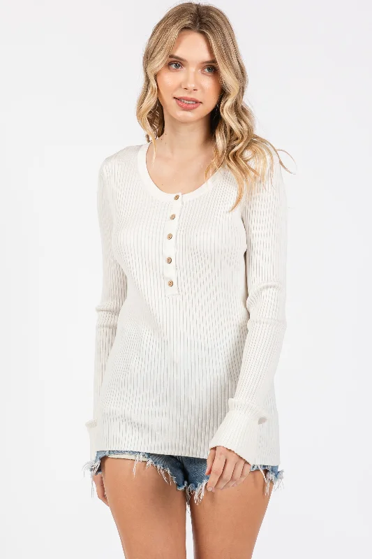 Cream Ribbed Henley Top Budget Friendly