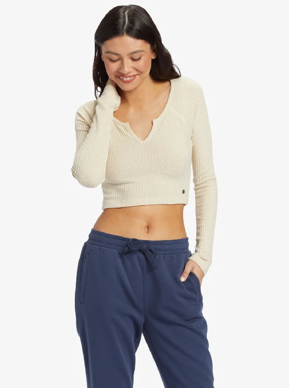 Cropped Long Sleeve Waffle Top - Tapioca High End Designer Brands Discount