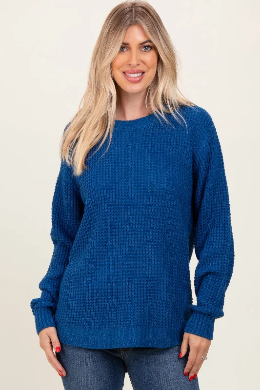 Dark Blue Waffle Knit Rounded Hem Sweater Mega Sales