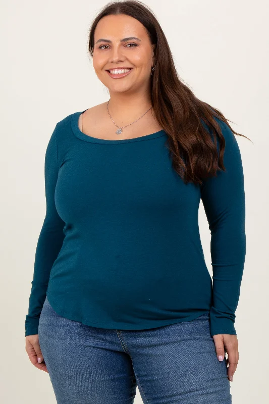 Dark Teal Basic Long Sleeve Plus Top Style Streetwear