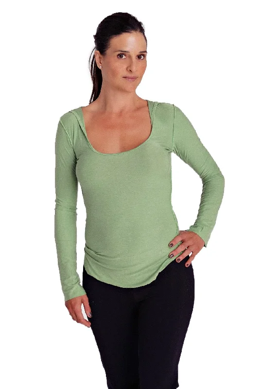 Deep Scoop Neck Long Sleeve Hoodie Top (Bamboo Green) Effortless Style