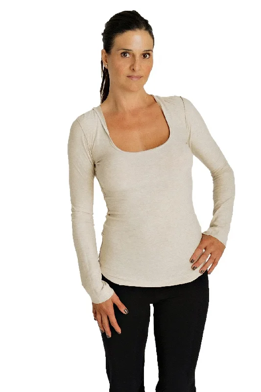 Deep Scoop Neck Long Sleeve Hoodie Top (Sand Beige) Classic Appeal