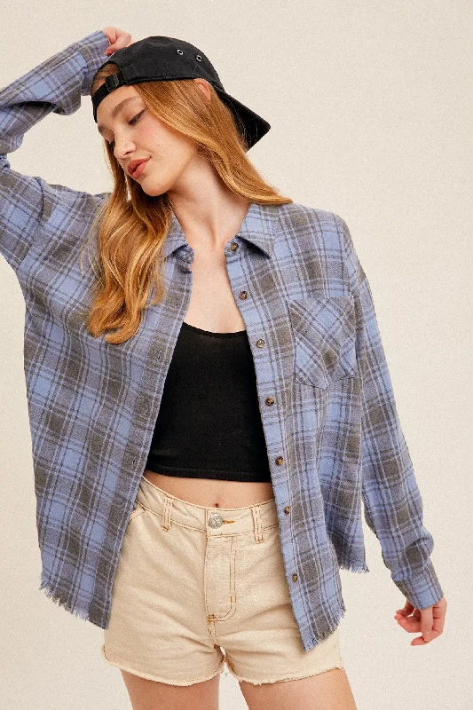 Dusty Blue Fringe Hem Oversized Plaid Button Down Shirt Seasonal Sale